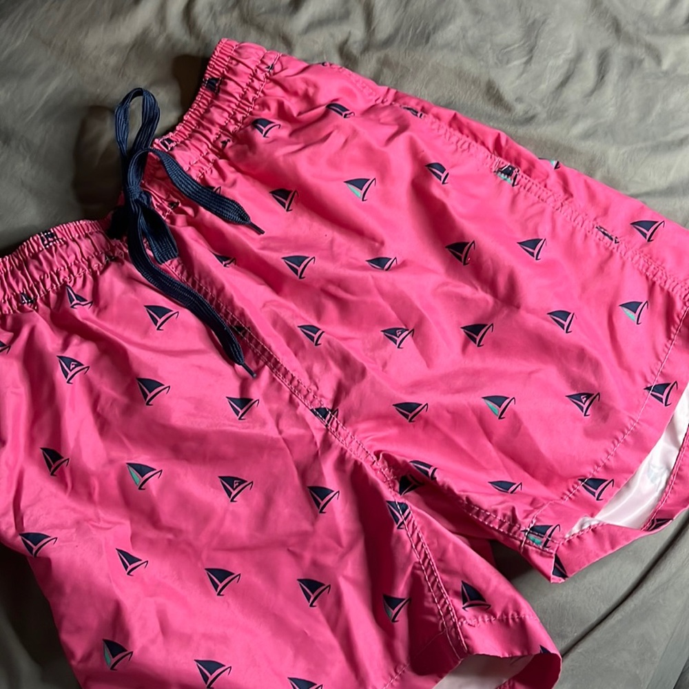pink/navy swim shorts